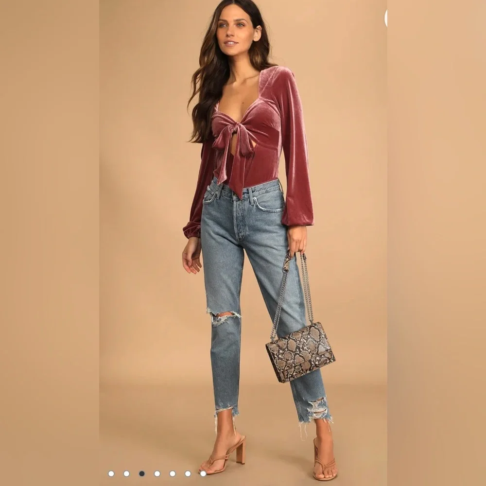 Lulus - Upgraded Style Mauve Velvet Long Sleeve Tie-Front Bodysuit - Picture 4 of 15